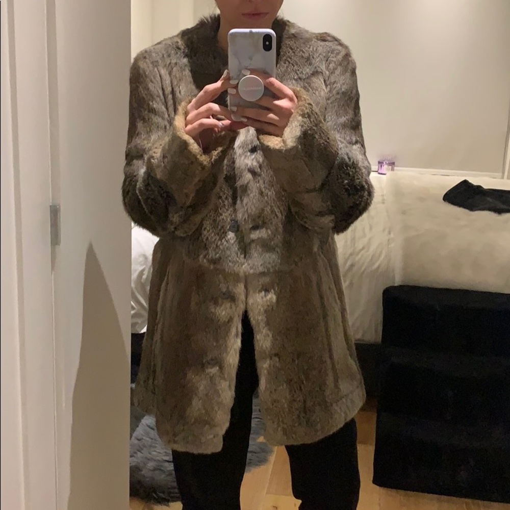 Collarless Brown Fur Coat - Rabbit Fur